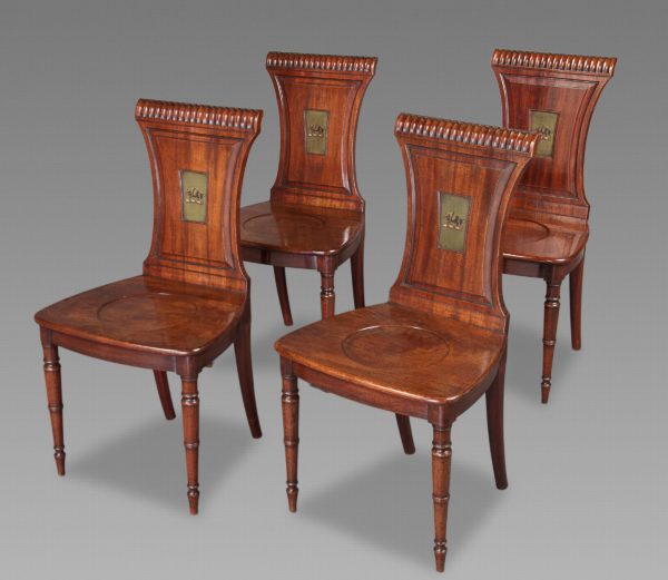 Fine Set of Four Regency Mahogany Armorial Hall Chairs