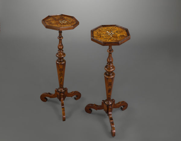 Fine and Rare Pair of William and Mary Walnut and Marquetry Inlaid Torchieres